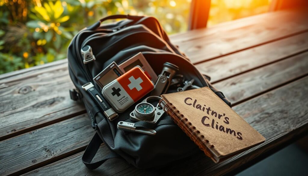 A backpack resting on a weathered wooden bench, its contents spilling out - a compact first-aid kit, a compass, a multitool, and a worn notebook with the word "Claims" scrawled on its cover. Soft, warm lighting filters through the window, casting a golden glow over the scene. The bench is set against a backdrop of lush, verdant foliage, hinting at the adventurous journey that lies ahead. The mood is one of preparedness, resilience, and the promise of unforgettable experiences in the great outdoors of Australia. A backpack resting on a weathered wooden bench, its contents spilling out - a compact first-aid kit, a compass, a multitool, and a worn notebook with the word "Claims" scrawled on its cover. Soft, warm lighting filters through the window, casting a golden glow over the scene. The bench is set against a backdrop of lush, verdant foliage, hinting at the adventurous journey that lies ahead. The mood is one of preparedness, resilience, and the promise of unforgettable experiences in the great outdoors of Australia.