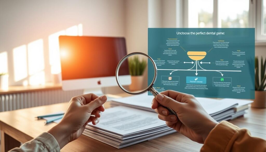 A bright and airy home office scene, with a desktop computer, a stack of files, and a pen and paper on a modern, minimalist wooden desk. Warm, natural lighting from a large window casts a soft glow, creating a welcoming and focused atmosphere. In the foreground, a person's hands are holding a magnifying glass, meticulously examining the contents of the files, searching for the right affordable dental plan for their family. The background features a stylized infographic or flowchart, guiding the viewer through the process of choosing the perfect dental coverage. A bright and airy home office scene, with a desktop computer, a stack of files, and a pen and paper on a modern, minimalist wooden desk. Warm, natural lighting from a large window casts a soft glow, creating a welcoming and focused atmosphere. In the foreground, a person's hands are holding a magnifying glass, meticulously examining the contents of the files, searching for the right affordable dental plan for their family. The background features a stylized infographic or flowchart, guiding the viewer through the process of choosing the perfect dental coverage.
