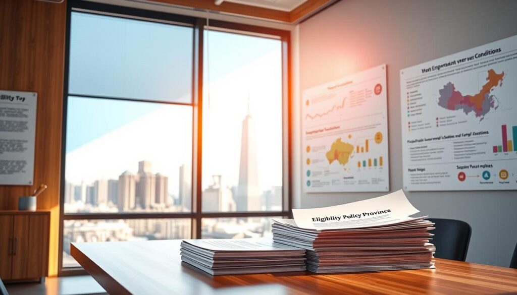A bright and modern office interior, with a large window overlooking a city skyline. On the desk, a laptop and a stack of documents labeled "Eligibility Policy Province". The walls are adorned with informative infographics and charts, providing clear visual explanations of the key terms and conditions. Warm, natural lighting filters through the window, creating a sense of professionalism and authority. The overall atmosphere conveys a sense of trust, transparency, and attention to detail - crucial elements for an effective emergency medical travel cover policy in Canada. A bright and modern office interior, with a large window overlooking a city skyline. On the desk, a laptop and a stack of documents labeled "Eligibility Policy Province". The walls are adorned with informative infographics and charts, providing clear visual explanations of the key terms and conditions. Warm, natural lighting filters through the window, creating a sense of professionalism and authority. The overall atmosphere conveys a sense of trust, transparency, and attention to detail - crucial elements for an effective emergency medical travel cover policy in Canada.