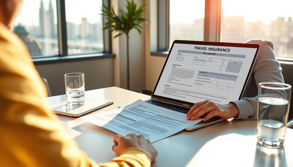 A bright, modern office scene featuring a person sitting at a desk, reviewing travel insurance documents and forms on a laptop screen. The lighting is warm and natural, with soft shadows and highlights that accentuate the details. The desk is organized, with a pen, notepad, and a glass of water. In the background, a window overlooking a cityscape, providing a sense of place and context. The overall atmosphere is one of professionalism and attention to detail, reflecting the importance of the task at hand - making a claim for evacuation and medical expenses. A bright, modern office scene featuring a person sitting at a desk, reviewing travel insurance documents and forms on a laptop screen. The lighting is warm and natural, with soft shadows and highlights that accentuate the details. The desk is organized, with a pen, notepad, and a glass of water. In the background, a window overlooking a cityscape, providing a sense of place and context. The overall atmosphere is one of professionalism and attention to detail, reflecting the importance of the task at hand - making a claim for evacuation and medical expenses.