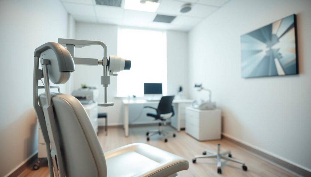 A bright, well-lit examination room with a modern, minimalist design. In the foreground, a sturdy eye examination chair, complete with adjustable headrest and armrests. Beside it, a sleek eye examination device, its metallic frame gleaming under the soft, diffused lighting. In the middle ground, a desk with a computer monitor, keyboard, and other medical instruments, creating a sense of professionalism. The background features neutral-toned walls, creating a calming atmosphere, with just a hint of modern art or architectural elements to suggest a high-end, specialized facility. The overall mood is one of efficiency, comfort, and attention to detail, reflecting the importance of vision care. A bright, well-lit examination room with a modern, minimalist design. In the foreground, a sturdy eye examination chair, complete with adjustable headrest and armrests. Beside it, a sleek eye examination device, its metallic frame gleaming under the soft, diffused lighting. In the middle ground, a desk with a computer monitor, keyboard, and other medical instruments, creating a sense of professionalism. The background features neutral-toned walls, creating a calming atmosphere, with just a hint of modern art or architectural elements to suggest a high-end, specialized facility. The overall mood is one of efficiency, comfort, and attention to detail, reflecting the importance of vision care.