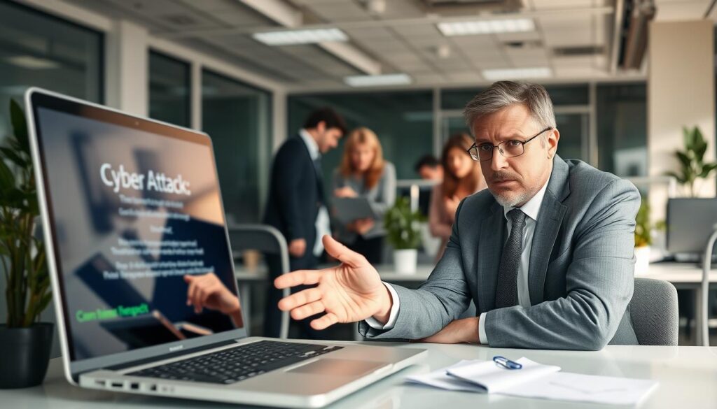 A bright, well-lit office scene. In the foreground, a laptop screen displays a cyber attack alert. A concerned business owner, dressed in a suit, gestures towards the screen, their face wrought with worry. In the middle ground, employees hastily gather around the desk, expressions of anxiety etched on their faces. The background is filled with the bustling activity of an open-plan office - computer screens, potted plants, and sleek furniture. Soft, diffused lighting casts a sense of urgency and importance over the scene, emphasizing the need for comprehensive cyber insurance coverage to protect the company from emerging digital threats. A bright, well-lit office scene. In the foreground, a laptop screen displays a cyber attack alert. A concerned business owner, dressed in a suit, gestures towards the screen, their face wrought with worry. In the middle ground, employees hastily gather around the desk, expressions of anxiety etched on their faces. The background is filled with the bustling activity of an open-plan office - computer screens, potted plants, and sleek furniture. Soft, diffused lighting casts a sense of urgency and importance over the scene, emphasizing the need for comprehensive cyber insurance coverage to protect the company from emerging digital threats.
