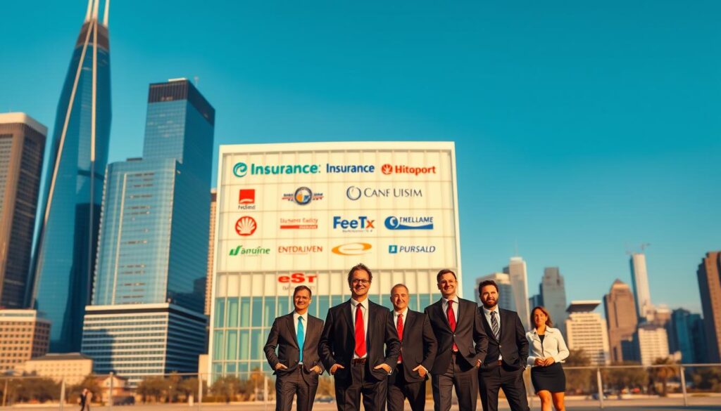 A bustling city skyline, with towering skyscrapers and a serene blue sky. In the foreground, a group of professional-looking individuals, dressed in suits and ties, stands in front of a sleek, modern office building adorned with the logos of various insurance companies. The lighting is warm and inviting, creating a sense of trust and reliability. The camera angle is slightly elevated, allowing the viewer to take in the entire scene. The mood is one of efficiency, security, and confidence, reflecting the reliable and trustworthy nature of the insurance companies portrayed. A bustling city skyline, with towering skyscrapers and a serene blue sky. In the foreground, a group of professional-looking individuals, dressed in suits and ties, stands in front of a sleek, modern office building adorned with the logos of various insurance companies. The lighting is warm and inviting, creating a sense of trust and reliability. The camera angle is slightly elevated, allowing the viewer to take in the entire scene. The mood is one of efficiency, security, and confidence, reflecting the reliable and trustworthy nature of the insurance companies portrayed.
