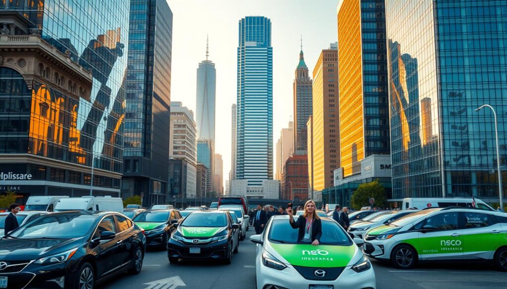 A bustling cityscape filled with the towering headquarters of major insurance companies, their sleek glass facades reflecting the warm glow of the afternoon sun. In the foreground, a fleet of electric and hybrid vehicles adorned with prominent company logos, showcasing the green initiatives of these industry leaders. The middle ground features well-dressed professionals entering and exiting the buildings, while in the background, a mix of traditional and modern architectural styles create a dynamic urban landscape. The overall scene conveys a sense of progress, innovation, and a commitment to sustainability within the insurance industry. A bustling cityscape filled with the towering headquarters of major insurance companies, their sleek glass facades reflecting the warm glow of the afternoon sun. In the foreground, a fleet of electric and hybrid vehicles adorned with prominent company logos, showcasing the green initiatives of these industry leaders. The middle ground features well-dressed professionals entering and exiting the buildings, while in the background, a mix of traditional and modern architectural styles create a dynamic urban landscape. The overall scene conveys a sense of progress, innovation, and a commitment to sustainability within the insurance industry.