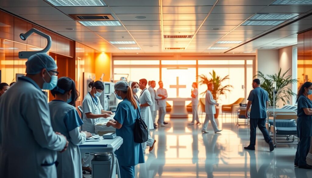 A bustling hospital interior, bathed in warm, soft lighting. In the foreground, a group of healthcare professionals - doctors, nurses, and staff - engrossed in their duties, tending to patients with care and professionalism. The middle ground reveals state-of-the-art medical equipment, gleaming under the gentle illumination. In the background, a serene waiting area, with comfortable chairs and soothing plant life, conveying a sense of tranquility and reassurance. The overall scene exudes an atmosphere of expertise, dedication, and a steadfast commitment to providing the highest quality of medical care. A bustling hospital interior, bathed in warm, soft lighting. In the foreground, a group of healthcare professionals - doctors, nurses, and staff - engrossed in their duties, tending to patients with care and professionalism. The middle ground reveals state-of-the-art medical equipment, gleaming under the gentle illumination. In the background, a serene waiting area, with comfortable chairs and soothing plant life, conveying a sense of tranquility and reassurance. The overall scene exudes an atmosphere of expertise, dedication, and a steadfast commitment to providing the highest quality of medical care.