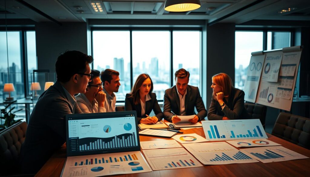 A bustling office environment, with a team of professionals gathered around a conference table, intently discussing risk management strategies. Soft, warm lighting illuminates the scene, casting a contemplative mood. In the foreground, a risk management dashboard displays various metrics and indicators, reflecting the data-driven approach. The middle ground features a mix of digital and analog tools, including spreadsheets, reports, and a whiteboard filled with notes. In the background, a large window overlooks a cityscape, symbolizing the broader context and potential impacts of the decisions being made. The overall atmosphere conveys a sense of diligence, collaboration, and the importance of proactive risk management. A bustling office environment, with a team of professionals gathered around a conference table, intently discussing risk management strategies. Soft, warm lighting illuminates the scene, casting a contemplative mood. In the foreground, a risk management dashboard displays various metrics and indicators, reflecting the data-driven approach. The middle ground features a mix of digital and analog tools, including spreadsheets, reports, and a whiteboard filled with notes. In the background, a large window overlooks a cityscape, symbolizing the broader context and potential impacts of the decisions being made. The overall atmosphere conveys a sense of diligence, collaboration, and the importance of proactive risk management.