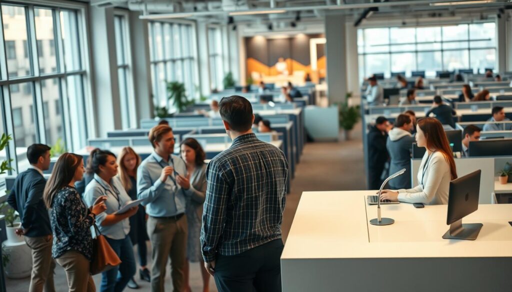 A bustling office scene, illuminated by natural light filtering through large windows. In the foreground, a group of diverse office workers collaborate, discussing paperwork and gesturing animatedly. In the middle ground, a receptionist greets visitors at a sleek, modern desk. The background features rows of cubicles and a breakroom, where employees unwind during their breaks. The atmosphere conveys a sense of professionalism and efficiency, with a subtle undercurrent of camaraderie and teamwork. The lighting is soft and even, creating a warm, inviting ambiance. The overall composition emphasizes the importance of worker safety and well-being within the workplace. A bustling office scene, illuminated by natural light filtering through large windows. In the foreground, a group of diverse office workers collaborate, discussing paperwork and gesturing animatedly. In the middle ground, a receptionist greets visitors at a sleek, modern desk. The background features rows of cubicles and a breakroom, where employees unwind during their breaks. The atmosphere conveys a sense of professionalism and efficiency, with a subtle undercurrent of camaraderie and teamwork. The lighting is soft and even, creating a warm, inviting ambiance. The overall composition emphasizes the importance of worker safety and well-being within the workplace.