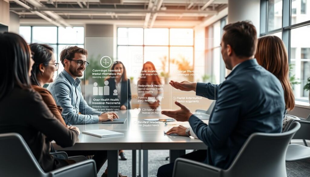 A bustling office scene, showcasing a group of diverse professionals engaged in a presentation about group health insurance options. The foreground features a team of employees gathered around a conference table, each with attentive expressions, while the middle ground highlights a presenter gesturing towards a holographic display depicting coverage details and flexible alternatives. The background evokes a modern, well-lit workspace with sleek furniture, floor-to-ceiling windows, and a subtle color palette of grays, blues, and neutrals, creating a professional and inviting atmosphere. The lighting is a blend of natural and artificial sources, casting a warm glow and creating depth and contrast within the scene. The overall composition conveys a sense of collaboration, informed decision-making, and a focus on addressing the unique health insurance needs of the employer and their workforce. A bustling office scene, showcasing a group of diverse professionals engaged in a presentation about group health insurance options. The foreground features a team of employees gathered around a conference table, each with attentive expressions, while the middle ground highlights a presenter gesturing towards a holographic display depicting coverage details and flexible alternatives. The background evokes a modern, well-lit workspace with sleek furniture, floor-to-ceiling windows, and a subtle color palette of grays, blues, and neutrals, creating a professional and inviting atmosphere. The lighting is a blend of natural and artificial sources, casting a warm glow and creating depth and contrast within the scene. The overall composition conveys a sense of collaboration, informed decision-making, and a focus on addressing the unique health insurance needs of the employer and their workforce.