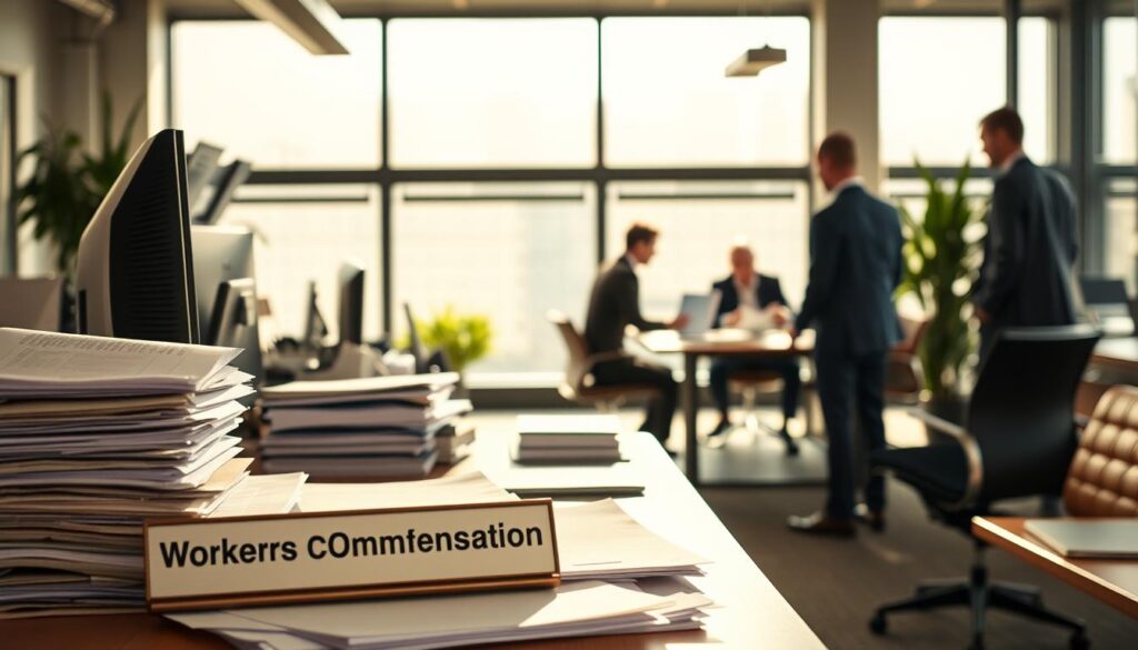 A bustling office setting, with workers diligently attending to their tasks. In the foreground, a desk piled high with paperwork, a computer monitor, and a nameplate reading "Workers Compensation". Mid-ground, employees in business attire collaborating at a conference table, discussing policies and regulations. The background features large windows letting in natural light, casting a warm, productive atmosphere. Soft, indirect lighting illuminates the scene, emphasizing the seriousness of the subject matter. The overall composition conveys the importance of understanding and complying with workers compensation requirements for startups in Australia. A bustling office setting, with workers diligently attending to their tasks. In the foreground, a desk piled high with paperwork, a computer monitor, and a nameplate reading "Workers Compensation". Mid-ground, employees in business attire collaborating at a conference table, discussing policies and regulations. The background features large windows letting in natural light, casting a warm, productive atmosphere. Soft, indirect lighting illuminates the scene, emphasizing the seriousness of the subject matter. The overall composition conveys the importance of understanding and complying with workers compensation requirements for startups in Australia.