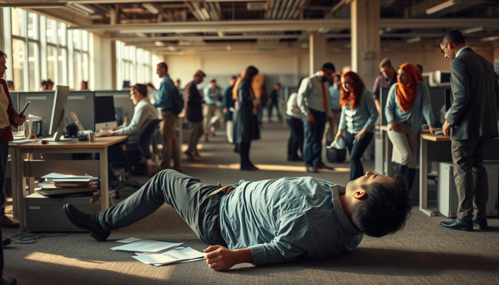 A bustling office space, with workers engaged in various tasks. In the foreground, an employee has suffered a workplace injury, lying on the floor as concerned colleagues gather around. The lighting is warm and natural, casting a sense of urgency and tension. The middle ground features a desk with scattered papers, a computer, and other office equipment, suggesting the context of the incident. In the background, a series of cubicles and an open-plan layout create a sense of depth and the broader work environment. The overall mood is one of concern and the need to address real-world risks faced by employees in the workplace. A bustling office space, with workers engaged in various tasks. In the foreground, an employee has suffered a workplace injury, lying on the floor as concerned colleagues gather around. The lighting is warm and natural, casting a sense of urgency and tension. The middle ground features a desk with scattered papers, a computer, and other office equipment, suggesting the context of the incident. In the background, a series of cubicles and an open-plan layout create a sense of depth and the broader work environment. The overall mood is one of concern and the need to address real-world risks faced by employees in the workplace.