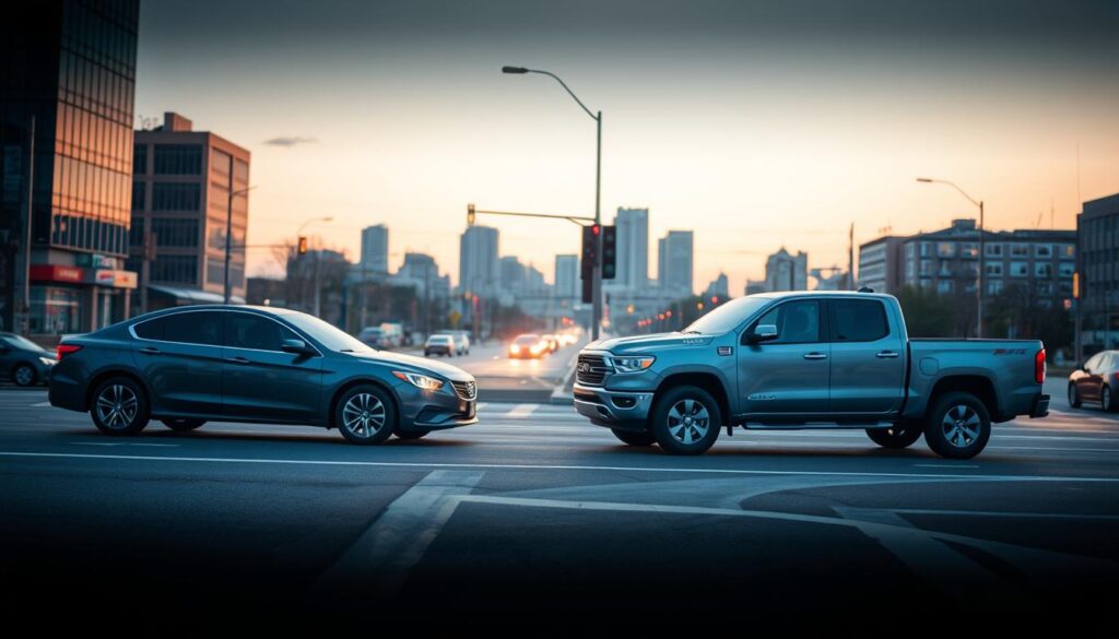 A busy urban intersection at dusk, with a focus on two vehicles - a sedan and a pickup truck. The sedan represents a standard liability-only policy, sleek and understated. The pickup truck symbolizes a full coverage plan, its rugged frame and numerous safety features conveying a sense of comprehensive protection. Soft, golden lighting filters through the cityscape, creating a contemplative atmosphere. The camera angle is slightly elevated, allowing the viewer to survey the scene and ponder the trade-offs between cost, risk, and the appropriate coverage for their needs. A busy urban intersection at dusk, with a focus on two vehicles - a sedan and a pickup truck. The sedan represents a standard liability-only policy, sleek and understated. The pickup truck symbolizes a full coverage plan, its rugged frame and numerous safety features conveying a sense of comprehensive protection. Soft, golden lighting filters through the cityscape, creating a contemplative atmosphere. The camera angle is slightly elevated, allowing the viewer to survey the scene and ponder the trade-offs between cost, risk, and the appropriate coverage for their needs.