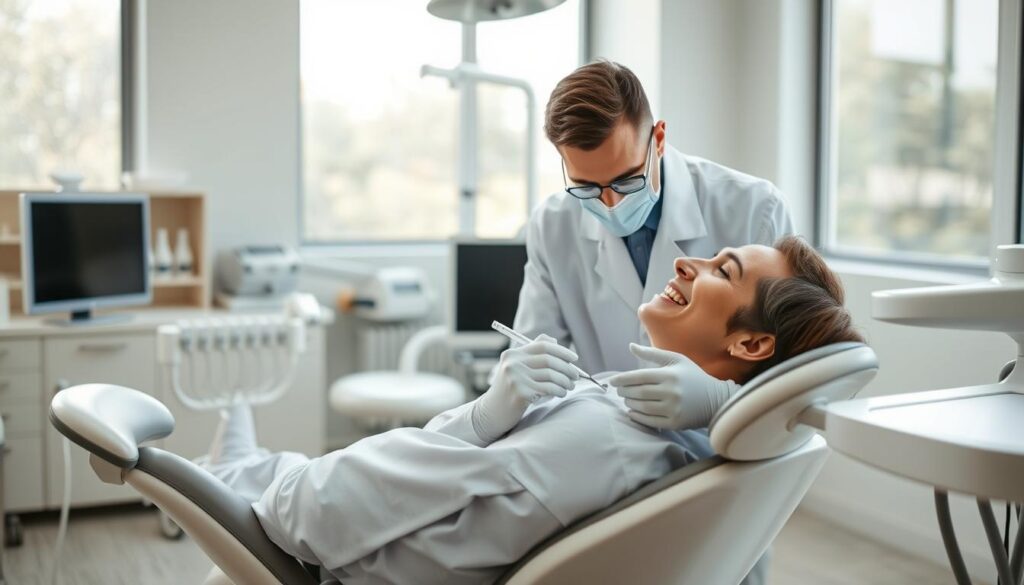 A clean, bright dental examination room with a patient reclining in a modern dental chair. The dentist, dressed in a crisp white coat, is performing a thorough preventive services cleaning, using precision tools and a gentle touch. The room is bathed in soft, natural lighting from large windows, creating a calming atmosphere. The patient's face is relaxed, conveying a sense of trust and comfort. In the background, shelves display state-of-the-art dental equipment, reflecting the practice's commitment to high-quality, comprehensive care. The overall scene showcases the importance of routine preventive services for maintaining optimal oral health and wellness. A clean, bright dental examination room with a patient reclining in a modern dental chair. The dentist, dressed in a crisp white coat, is performing a thorough preventive services cleaning, using precision tools and a gentle touch. The room is bathed in soft, natural lighting from large windows, creating a calming atmosphere. The patient's face is relaxed, conveying a sense of trust and comfort. In the background, shelves display state-of-the-art dental equipment, reflecting the practice's commitment to high-quality, comprehensive care. The overall scene showcases the importance of routine preventive services for maintaining optimal oral health and wellness.
