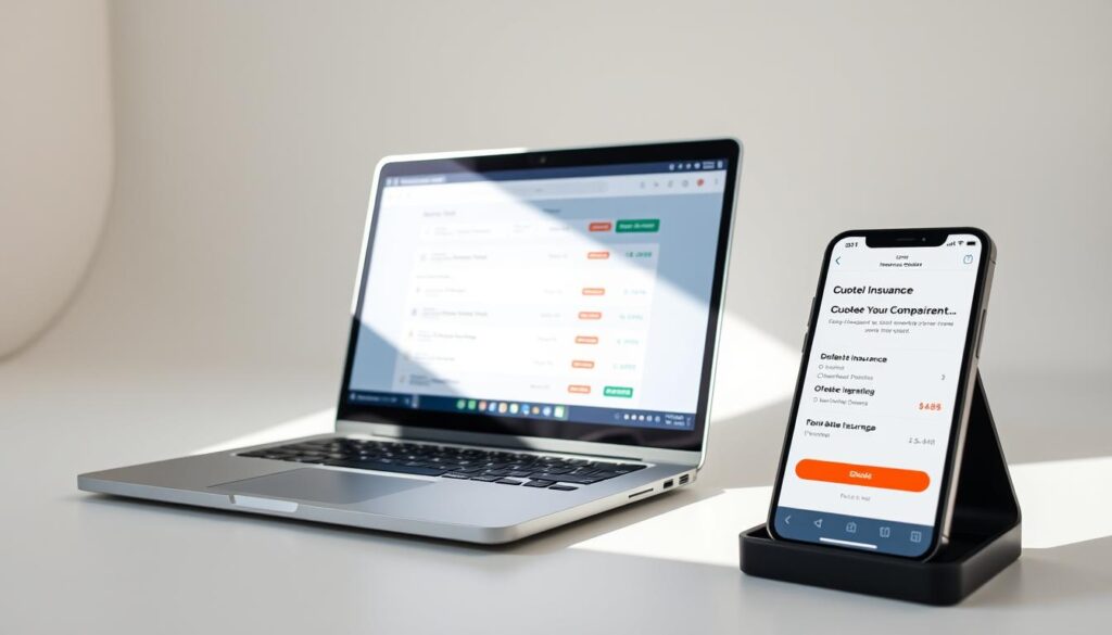 A clean, minimal studio setup capturing the essence of online auto insurance quote comparison. In the foreground, a laptop screen displays a sleek, modern UI with multiple quote options. Soft, natural lighting from the side creates depth and highlights the details. In the middle ground, a mobile device with a quote app open, reflecting the seamless cross-device experience. The background is a simple, neutral color palette, allowing the technology and information to take center stage. The overall mood is one of efficiency, simplicity, and the empowerment of the user to find the best insurance coverage at their fingertips. A clean, minimal studio setup capturing the essence of online auto insurance quote comparison. In the foreground, a laptop screen displays a sleek, modern UI with multiple quote options. Soft, natural lighting from the side creates depth and highlights the details. In the middle ground, a mobile device with a quote app open, reflecting the seamless cross-device experience. The background is a simple, neutral color palette, allowing the technology and information to take center stage. The overall mood is one of efficiency, simplicity, and the empowerment of the user to find the best insurance coverage at their fingertips.