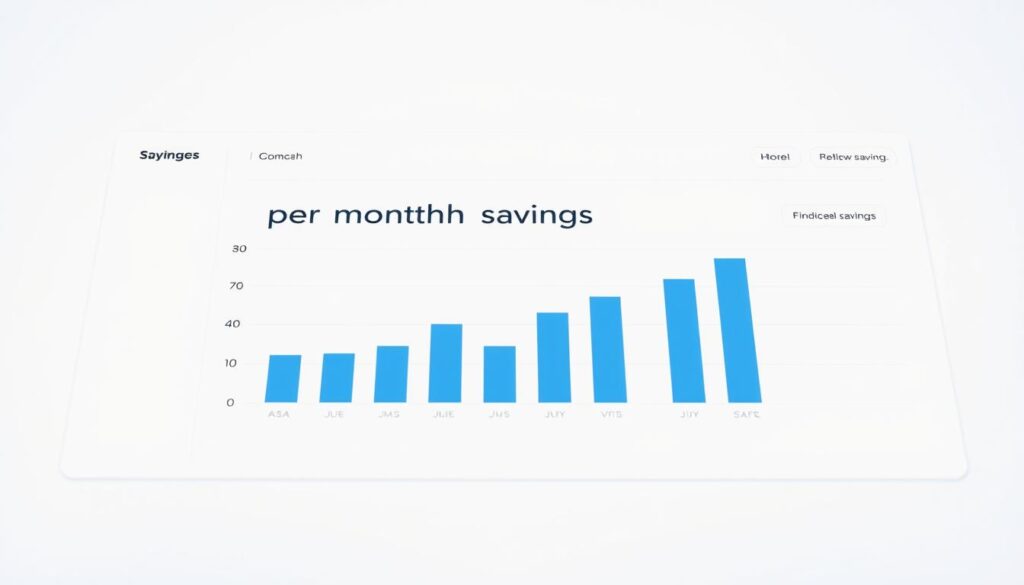 A clean, modern financial dashboard displaying a bar graph representing "per month savings". The graph has a sleek, minimalist design with clear labels and values. The background is a soft, neutral tone, allowing the graph to take center stage. The lighting is soft and even, creating a professional, authoritative atmosphere. The angle is slightly elevated, giving the viewer a sense of oversight and control over the financial information. The overall impression is one of clarity, organization, and a secure financial future. A clean, modern financial dashboard displaying a bar graph representing "per month savings". The graph has a sleek, minimalist design with clear labels and values. The background is a soft, neutral tone, allowing the graph to take center stage. The lighting is soft and even, creating a professional, authoritative atmosphere. The angle is slightly elevated, giving the viewer a sense of oversight and control over the financial information. The overall impression is one of clarity, organization, and a secure financial future.