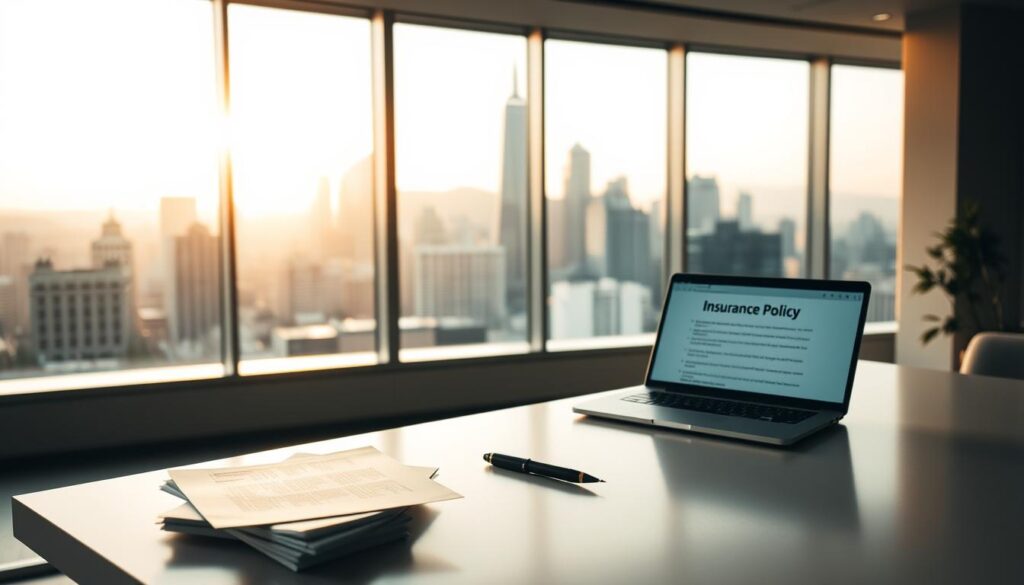 A clean, modern office interior with a large, minimalist desk in the foreground. On the desk, a stack of documents, a pen, and a laptop displaying an insurance policy. In the background, a large window overlooking a bustling city skyline, bathed in warm, diffused natural lighting. The mood is one of professionalism, attention to detail, and financial security. Camera angle is slightly elevated, creating a sense of authority and importance around the insurance policy and liability coverage. A clean, modern office interior with a large, minimalist desk in the foreground. On the desk, a stack of documents, a pen, and a laptop displaying an insurance policy. In the background, a large window overlooking a bustling city skyline, bathed in warm, diffused natural lighting. The mood is one of professionalism, attention to detail, and financial security. Camera angle is slightly elevated, creating a sense of authority and importance around the insurance policy and liability coverage.