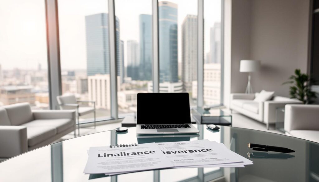 A clean, modern office interior with a large window overlooking a bustling cityscape. In the foreground, a glass-topped desk displays various insurance documents and a laptop, conveying the concept of "liability coverage". The lighting is soft and diffused, creating a warm, professional atmosphere. The background features sleek, minimalist furniture and decor, emphasizing the importance of protection and risk management. The overall composition suggests a sense of security, reliability, and expertise in the field of insurance for new drivers. A clean, modern office interior with a large window overlooking a bustling cityscape. In the foreground, a glass-topped desk displays various insurance documents and a laptop, conveying the concept of "liability coverage". The lighting is soft and diffused, creating a warm, professional atmosphere. The background features sleek, minimalist furniture and decor, emphasizing the importance of protection and risk management. The overall composition suggests a sense of security, reliability, and expertise in the field of insurance for new drivers.
