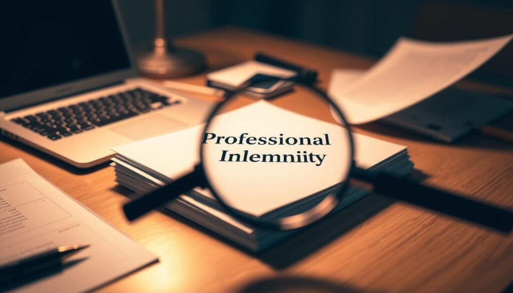 A close-up shot of a consultant's desk, neatly organized with a laptop, documents, and a pen. In the center, a magnifying glass hovers over a stack of insurance policy documents, the words "Professional Indemnity" clearly visible. The lighting is warm and focused, creating a sense of importance and attention to detail. The background is blurred, emphasizing the policy documents as the focal point. The overall atmosphere conveys a professional, analytical, and risk-aware mindset, reflecting the need for consultants to protect their business with appropriate insurance coverage. A close-up shot of a consultant's desk, neatly organized with a laptop, documents, and a pen. In the center, a magnifying glass hovers over a stack of insurance policy documents, the words "Professional Indemnity" clearly visible. The lighting is warm and focused, creating a sense of importance and attention to detail. The background is blurred, emphasizing the policy documents as the focal point. The overall atmosphere conveys a professional, analytical, and risk-aware mindset, reflecting the need for consultants to protect their business with appropriate insurance coverage.