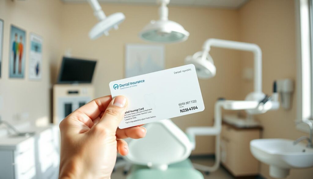 A close-up view of a dental insurance card being held in a person's hand, against a blurred background of a dentist's office with dental equipment and tools visible. The card is prominently displayed, with a clean, modern design and clear branding. The lighting is soft and natural, creating a warm and inviting atmosphere. The composition is balanced, with the card taking up a significant portion of the frame, but leaving enough space to convey the context of a dental setting. The overall mood is one of accessibility, professionalism, and the importance of dental health and insurance coverage. A close-up view of a dental insurance card being held in a person's hand, against a blurred background of a dentist's office with dental equipment and tools visible. The card is prominently displayed, with a clean, modern design and clear branding. The lighting is soft and natural, creating a warm and inviting atmosphere. The composition is balanced, with the card taking up a significant portion of the frame, but leaving enough space to convey the context of a dental setting. The overall mood is one of accessibility, professionalism, and the importance of dental health and insurance coverage.