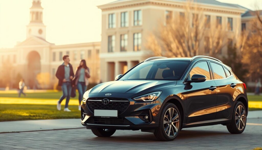 A college campus scene with a focus on a modern, sleek car in the foreground. The car is prominently displayed, highlighting its features and design. In the middle ground, students are walking across the campus, engaged in conversation. The background depicts the university buildings, with a warm, golden light illuminating the scene, creating a sense of vibrancy and academic atmosphere. The overall composition conveys the idea of student car insurance, seamlessly blending the car and the college environment. A college campus scene with a focus on a modern, sleek car in the foreground. The car is prominently displayed, highlighting its features and design. In the middle ground, students are walking across the campus, engaged in conversation. The background depicts the university buildings, with a warm, golden light illuminating the scene, creating a sense of vibrancy and academic atmosphere. The overall composition conveys the idea of student car insurance, seamlessly blending the car and the college environment.