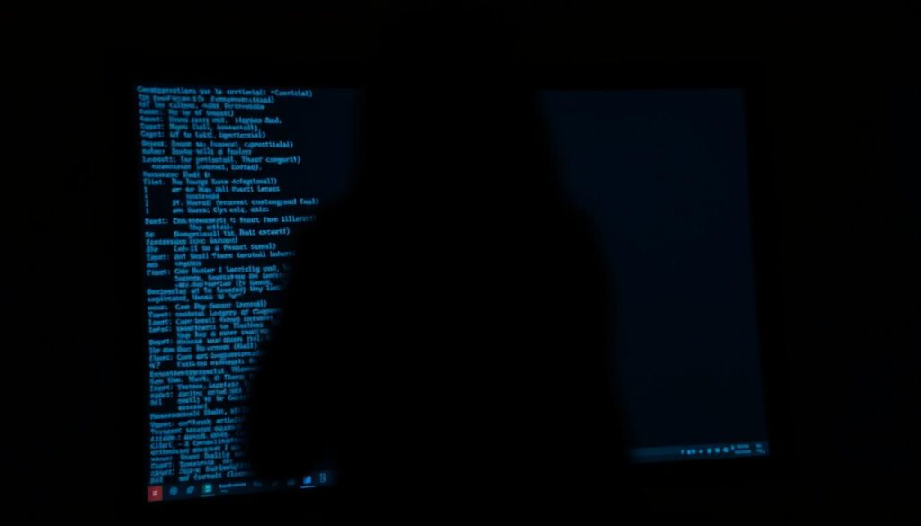 A computer monitor displaying login credentials with pixelated, blurred, or indistinct text, conveying a sense of weak or compromised security. In the foreground, a shadowy, faceless figure hovers, suggesting a potential hacker or security breach. The background is dark and ominous, with a faint grid or network pattern, evoking a sense of the digital realm. Soft, muted lighting casts an eerie glow, creating an atmosphere of uncertainty and vulnerability. The overall tone is one of unease and the need for better data protection measures. A computer monitor displaying login credentials with pixelated, blurred, or indistinct text, conveying a sense of weak or compromised security. In the foreground, a shadowy, faceless figure hovers, suggesting a potential hacker or security breach. The background is dark and ominous, with a faint grid or network pattern, evoking a sense of the digital realm. Soft, muted lighting casts an eerie glow, creating an atmosphere of uncertainty and vulnerability. The overall tone is one of unease and the need for better data protection measures.