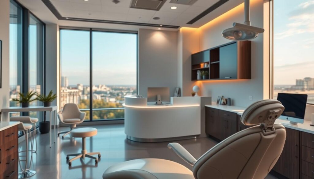 A contemporary dental office interior with warm lighting and a calming atmosphere. In the foreground, a patient chair and dental equipment, conveying a sense of professionalism and care. In the middle ground, a clean, minimalist reception area with subtle branding and decor. The background features expansive windows overlooking a serene urban landscape, creating a tranquil, natural ambiance. The overall composition suggests a well-appointed, high-quality general dental practice focused on patient comfort and satisfaction. A contemporary dental office interior with warm lighting and a calming atmosphere. In the foreground, a patient chair and dental equipment, conveying a sense of professionalism and care. In the middle ground, a clean, minimalist reception area with subtle branding and decor. The background features expansive windows overlooking a serene urban landscape, creating a tranquil, natural ambiance. The overall composition suggests a well-appointed, high-quality general dental practice focused on patient comfort and satisfaction.