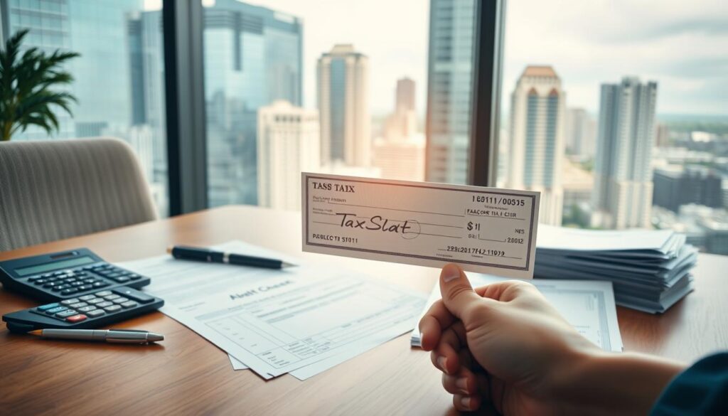 A contemporary office interior with a wooden desk, a calculator, a pen, and a stack of documents representing taxes and financial paperwork. In the background, a window displays a cityscape with high-rise buildings, suggesting an urban setting. Soft, diffused lighting casts a warm glow, creating a contemplative atmosphere. The foreground features a hand reaching for a government-issued check, symbolizing public assistance and the interplay between taxes and financial aid. The composition emphasizes the thoughtful consideration of these complex financial and policy matters. A contemporary office interior with a wooden desk, a calculator, a pen, and a stack of documents representing taxes and financial paperwork. In the background, a window displays a cityscape with high-rise buildings, suggesting an urban setting. Soft, diffused lighting casts a warm glow, creating a contemplative atmosphere. The foreground features a hand reaching for a government-issued check, symbolizing public assistance and the interplay between taxes and financial aid. The composition emphasizes the thoughtful consideration of these complex financial and policy matters.