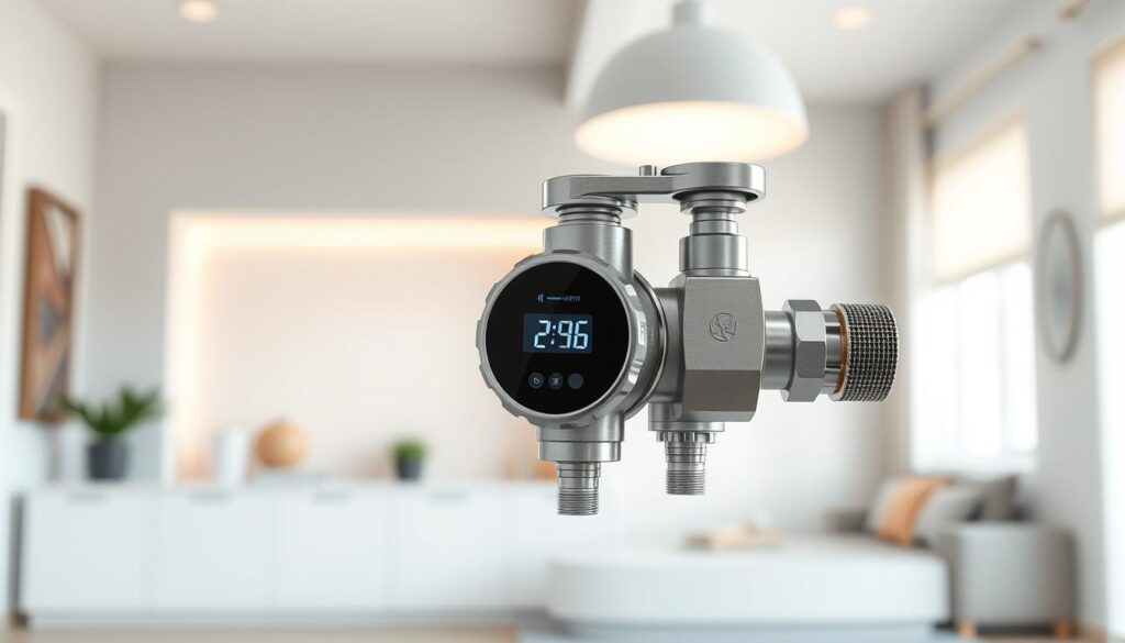 A contemporary, sleek smart home water shut-off valve in a bright, well-lit interior setting. The valve is the focal point, rendered in high detail with metallic accents, digital display, and clearly visible connections. The background features muted tones and minimal decor, drawing the viewer's attention to the device's advanced features and functionality. Carefully crafted lighting creates depth and highlights the valve's modern, integrated design, conveying a sense of efficiency and cost-savings for a smart home setup. The overall impression is one of a practical, high-tech solution for home water management. A contemporary, sleek smart home water shut-off valve in a bright, well-lit interior setting. The valve is the focal point, rendered in high detail with metallic accents, digital display, and clearly visible connections. The background features muted tones and minimal decor, drawing the viewer's attention to the device's advanced features and functionality. Carefully crafted lighting creates depth and highlights the valve's modern, integrated design, conveying a sense of efficiency and cost-savings for a smart home setup. The overall impression is one of a practical, high-tech solution for home water management.