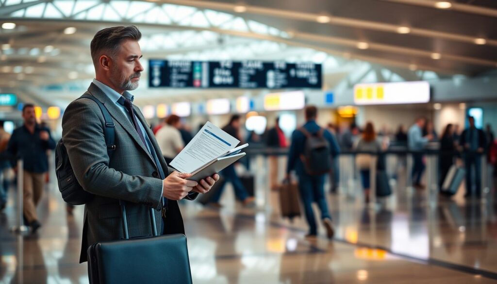 A corporate traveler standing in an airport terminal, briefcase in hand, with a focused expression as they review travel insurance documents on a tablet. Behind them, the bustling activity of passengers checking in and moving through security checkpoints, captured in a warm, cinematic lighting. The scene conveys a sense of preparedness and professionalism, highlighting the importance of having the right business travel insurance coverage when embarking on a corporate journey. A corporate traveler standing in an airport terminal, briefcase in hand, with a focused expression as they review travel insurance documents on a tablet. Behind them, the bustling activity of passengers checking in and moving through security checkpoints, captured in a warm, cinematic lighting. The scene conveys a sense of preparedness and professionalism, highlighting the importance of having the right business travel insurance coverage when embarking on a corporate journey.