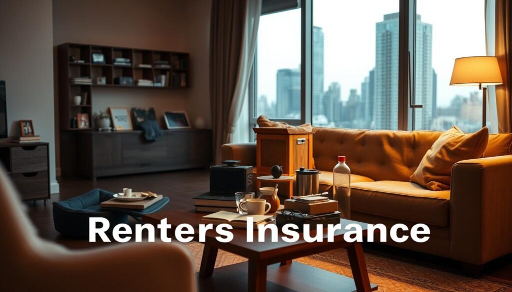 A cozy apartment interior with a focus on a wooden coffee table, on which various household items are neatly arranged, representing the coverage provided by renters insurance. Soft, warm lighting illuminates the scene, creating a sense of security and comfort. In the background, a large window overlooking a city skyline provides a sense of urban living. The image conveys the idea of protection and peace of mind that renters insurance can offer. A cozy apartment interior with a focus on a wooden coffee table, on which various household items are neatly arranged, representing the coverage provided by renters insurance. Soft, warm lighting illuminates the scene, creating a sense of security and comfort. In the background, a large window overlooking a city skyline provides a sense of urban living. The image conveys the idea of protection and peace of mind that renters insurance can offer.