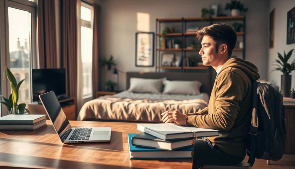 A cozy apartment interior with a young adult student surrounded by their insured belongings. The scene is bathed in warm, natural lighting filtering through large windows, casting soft shadows. In the foreground, a laptop, textbooks, and a backpack sit neatly on a sturdy wooden desk. In the middle ground, a comfortable bed with plush bedding and a few framed photos on the nightstand. The background features a wall unit filled with books, plants, and other personal items, conveying a sense of security and protection. The atmosphere is one of calm, focus, and the peace of mind that comes with having one's valuables insured against unexpected events. A cozy apartment interior with a young adult student surrounded by their insured belongings. The scene is bathed in warm, natural lighting filtering through large windows, casting soft shadows. In the foreground, a laptop, textbooks, and a backpack sit neatly on a sturdy wooden desk. In the middle ground, a comfortable bed with plush bedding and a few framed photos on the nightstand. The background features a wall unit filled with books, plants, and other personal items, conveying a sense of security and protection. The atmosphere is one of calm, focus, and the peace of mind that comes with having one's valuables insured against unexpected events.
