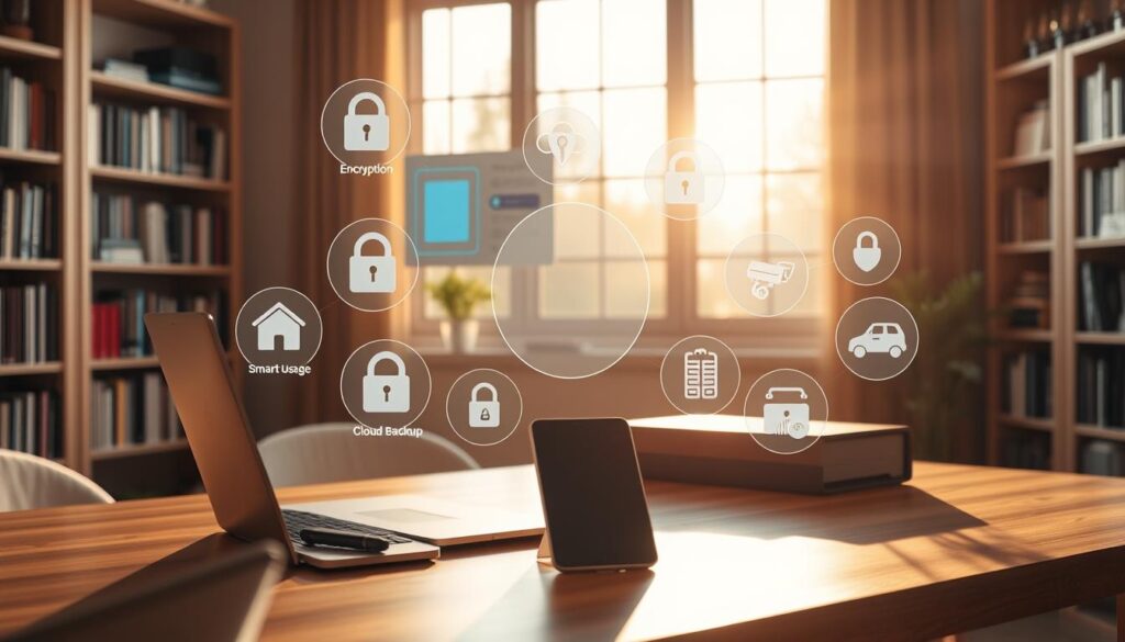 A cozy home office scene, bathed in warm, natural lighting from a large window. On the desk, a sleek laptop and smartphone are surrounded by data security icons, representing encryption, firewalls, and cloud backup. In the background, a smart home control panel displays energy usage and security camera feeds, all secured behind password-protected access. Bookcases line the walls, suggesting an atmosphere of intelligence and diligence. The overall mood is one of technological sophistication and data privacy, conveying a sense of safe, connected living. A cozy home office scene, bathed in warm, natural lighting from a large window. On the desk, a sleek laptop and smartphone are surrounded by data security icons, representing encryption, firewalls, and cloud backup. In the background, a smart home control panel displays energy usage and security camera feeds, all secured behind password-protected access. Bookcases line the walls, suggesting an atmosphere of intelligence and diligence. The overall mood is one of technological sophistication and data privacy, conveying a sense of safe, connected living.