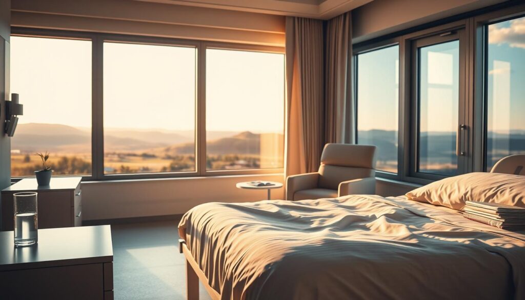 A cozy hospital room with a soft, warm lighting filtering through large windows. In the foreground, a hospital bed with crisp, white linens and a sleek, modern nightstand. On the nightstand, a glass of water and a small potted plant. In the middle ground, a plush armchair and a side table with a stack of magazines. The background features a serene landscape visible through the windows, with rolling hills and a vibrant blue sky. The overall mood is calm, comforting, and inviting, reflecting the idea of comprehensive health insurance coverage. A cozy hospital room with a soft, warm lighting filtering through large windows. In the foreground, a hospital bed with crisp, white linens and a sleek, modern nightstand. On the nightstand, a glass of water and a small potted plant. In the middle ground, a plush armchair and a side table with a stack of magazines. The background features a serene landscape visible through the windows, with rolling hills and a vibrant blue sky. The overall mood is calm, comforting, and inviting, reflecting the idea of comprehensive health insurance coverage.