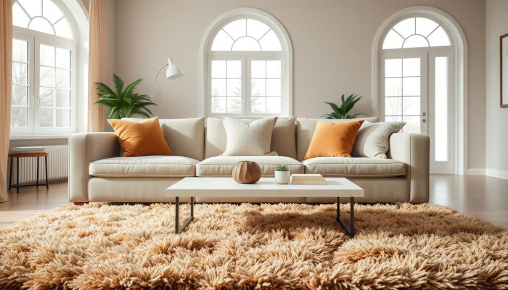 A cozy living room interior with a large, plush sofa as the focal point. The sofa is covered in a soft, textured fabric, perhaps velvet or lush chenille, in a neutral shade like beige or light gray. Placed atop the sofa are several large, fluffy throw pillows in complementary hues, adding depth and visual interest. In the foreground, a thick, luxurious area rug in a warm, earthy tone grounds the space. In the middle ground, a sleek, modern coffee table with clean lines sits in front of the sofa, topped with a few decorative objects. The background features tall, arched windows that allow natural light to flood the room, creating a warm, inviting ambiance. The overall mood is one of comfort, relaxation, and a sense of security, reflecting the notion of "home" and "insurance coverage." A cozy living room interior with a large, plush sofa as the focal point. The sofa is covered in a soft, textured fabric, perhaps velvet or lush chenille, in a neutral shade like beige or light gray. Placed atop the sofa are several large, fluffy throw pillows in complementary hues, adding depth and visual interest. In the foreground, a thick, luxurious area rug in a warm, earthy tone grounds the space. In the middle ground, a sleek, modern coffee table with clean lines sits in front of the sofa, topped with a few decorative objects. The background features tall, arched windows that allow natural light to flood the room, creating a warm, inviting ambiance. The overall mood is one of comfort, relaxation, and a sense of security, reflecting the notion of "home" and "insurance coverage."