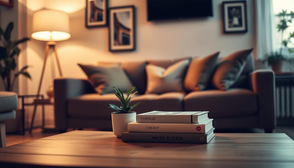 A cozy living room scene, illuminated by warm, soft lighting. In the foreground, a stylish coffee table showcases various household items - a lamp, a potted plant, and a stack of books. The middle ground features a comfortable sofa, adorned with plush pillows, hinting at the personal touches that make this space a home. In the background, a wall-mounted TV and framed artwork create a sense of depth and atmosphere. The overall mood is one of tranquility and personal ownership, reflecting the concept of "personal property coverage" within a homeowners or renters insurance policy. A cozy living room scene, illuminated by warm, soft lighting. In the foreground, a stylish coffee table showcases various household items - a lamp, a potted plant, and a stack of books. The middle ground features a comfortable sofa, adorned with plush pillows, hinting at the personal touches that make this space a home. In the background, a wall-mounted TV and framed artwork create a sense of depth and atmosphere. The overall mood is one of tranquility and personal ownership, reflecting the concept of "personal property coverage" within a homeowners or renters insurance policy.