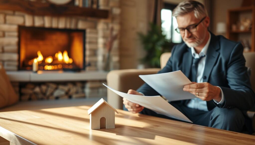 A cozy living room with a fireplace crackling in the background, warm and inviting. In the foreground, a smartly-dressed homeowner reviews documents, their expression conveying a sense of security and confidence. The room is bathed in a soft, golden light, casting gentle shadows that evoke a feeling of comfort and protection. On the coffee table, a house-shaped icon symbolizes the concept of "home emergency cover", hinting at the important role it plays in safeguarding the home. The overall scene suggests a state of preparedness and the reassurance that comes with having the right insurance coverage in place. A cozy living room with a fireplace crackling in the background, warm and inviting. In the foreground, a smartly-dressed homeowner reviews documents, their expression conveying a sense of security and confidence. The room is bathed in a soft, golden light, casting gentle shadows that evoke a feeling of comfort and protection. On the coffee table, a house-shaped icon symbolizes the concept of "home emergency cover", hinting at the important role it plays in safeguarding the home. The overall scene suggests a state of preparedness and the reassurance that comes with having the right insurance coverage in place.