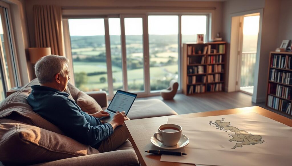 A cozy living room with a large window overlooking a scenic countryside. In the foreground, a traveler sits comfortably on a plush couch, browsing through a travel insurance policy on a laptop. Soft, warm lighting fills the space, creating a sense of security and peace. The middle ground features a neatly organized desk with a cup of tea, a pen, and a map of the United Kingdom, hinting at the traveler's upcoming journeys. In the background, bookshelves line the walls, conveying a sense of knowledge and preparedness. The overall mood is one of relaxation, confidence, and the feeling of being protected from the uncertainties of travel. A cozy living room with a large window overlooking a scenic countryside. In the foreground, a traveler sits comfortably on a plush couch, browsing through a travel insurance policy on a laptop. Soft, warm lighting fills the space, creating a sense of security and peace. The middle ground features a neatly organized desk with a cup of tea, a pen, and a map of the United Kingdom, hinting at the traveler's upcoming journeys. In the background, bookshelves line the walls, conveying a sense of knowledge and preparedness. The overall mood is one of relaxation, confidence, and the feeling of being protected from the uncertainties of travel.