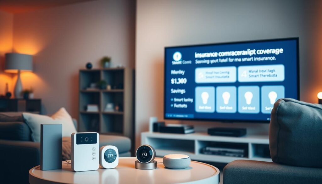 A cozy living room with modern IoT devices prominently displayed, softly illuminated by warm lighting. The focal point is a large flat-screen TV showcasing insurance coverage options and potential savings for a smart home setup. In the foreground, a sleek home security system and smart thermostat sit on a minimalist side table, while in the background, a virtual assistant and smart light bulbs are visible, all seamlessly integrated. The overall mood is one of comfort, efficiency, and financial security, conveying the benefits of IoT-enabled home insurance discounts. A cozy living room with modern IoT devices prominently displayed, softly illuminated by warm lighting. The focal point is a large flat-screen TV showcasing insurance coverage options and potential savings for a smart home setup. In the foreground, a sleek home security system and smart thermostat sit on a minimalist side table, while in the background, a virtual assistant and smart light bulbs are visible, all seamlessly integrated. The overall mood is one of comfort, efficiency, and financial security, conveying the benefits of IoT-enabled home insurance discounts.