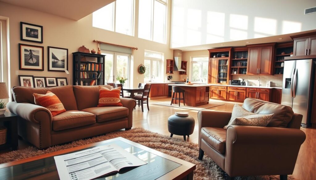 A cozy living room with warm, natural lighting filtering through large windows, showcasing a variety of household items that represent the breadth of coverage provided by emergency home recovery insurance. In the foreground, a plush sofa and armchair sit atop a lush area rug, with a coffee table displaying an open insurance policy document. On the walls, framed art and family photographs hang, conveying a sense of security and protection. In the middle ground, a well-stocked bookshelf and a sturdy, wooden entertainment center hint at the diverse coverage for personal belongings. The background depicts an open, airy kitchen with gleaming appliances, alluding to the protection for home systems and structures. The overall scene exudes a comfortable, welcoming atmosphere, suggesting the comprehensive coverage offered by emergency home recovery insurance. A cozy living room with warm, natural lighting filtering through large windows, showcasing a variety of household items that represent the breadth of coverage provided by emergency home recovery insurance. In the foreground, a plush sofa and armchair sit atop a lush area rug, with a coffee table displaying an open insurance policy document. On the walls, framed art and family photographs hang, conveying a sense of security and protection. In the middle ground, a well-stocked bookshelf and a sturdy, wooden entertainment center hint at the diverse coverage for personal belongings. The background depicts an open, airy kitchen with gleaming appliances, alluding to the protection for home systems and structures. The overall scene exudes a comfortable, welcoming atmosphere, suggesting the comprehensive coverage offered by emergency home recovery insurance.