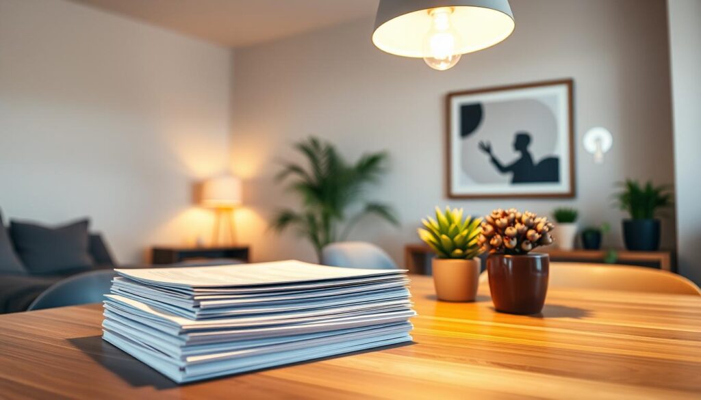 A cozy modern apartment interior, with a focus on a dining table showcasing a stack of monthly policy documents. Soft, warm lighting from a hanging pendant lamp illuminates the scene, creating a comfortable, inviting atmosphere. The table is adorned with potted plants and a decorative vase, reflecting a sense of balance and organization. The background features a neutral-toned wall with a framed piece of abstract art, adding visual interest and a touch of sophistication. The overall composition emphasizes the importance of reviewing and understanding monthly policy terms, while conveying a sense of domestic tranquility. A cozy modern apartment interior, with a focus on a dining table showcasing a stack of monthly policy documents. Soft, warm lighting from a hanging pendant lamp illuminates the scene, creating a comfortable, inviting atmosphere. The table is adorned with potted plants and a decorative vase, reflecting a sense of balance and organization. The background features a neutral-toned wall with a framed piece of abstract art, adding visual interest and a touch of sophistication. The overall composition emphasizes the importance of reviewing and understanding monthly policy terms, while conveying a sense of domestic tranquility.