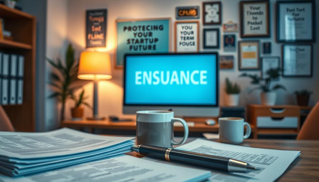A cozy office setting, with a warm lighting and a sense of professionalism. In the foreground, a stack of documents and a pen, symbolizing the paperwork and attention to detail required for business insurance. In the middle ground, a desktop computer and a mug of coffee, representing the modern, technology-driven nature of business operations. In the background, a wall adorned with motivational posters and certificates, conveying the importance of protecting your startup's future. The overall atmosphere is one of confidence, responsibility, and a commitment to the long-term success of the business. A cozy office setting, with a warm lighting and a sense of professionalism. In the foreground, a stack of documents and a pen, symbolizing the paperwork and attention to detail required for business insurance. In the middle ground, a desktop computer and a mug of coffee, representing the modern, technology-driven nature of business operations. In the background, a wall adorned with motivational posters and certificates, conveying the importance of protecting your startup's future. The overall atmosphere is one of confidence, responsibility, and a commitment to the long-term success of the business.