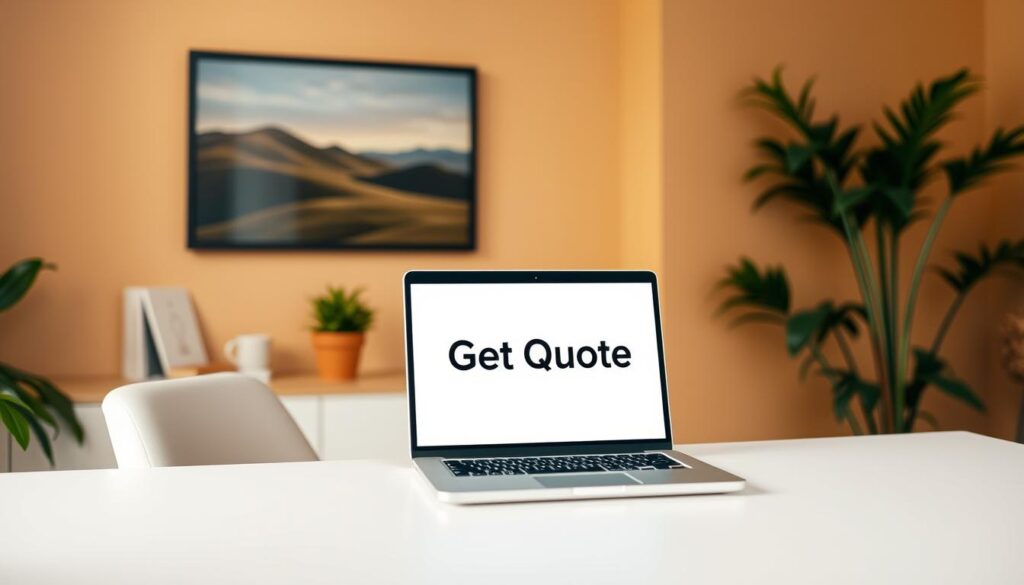 A cozy, well-lit office setting with a modern, minimalist desk and chair in the foreground. On the desk, a laptop computer with the "Get Quote" text prominently displayed on the screen, reflecting the purpose of the scene. In the middle ground, a potted plant and a few office supplies, creating a sense of productivity and professionalism. The background features warm, neutral-toned walls, with a framed landscape artwork hanging on the wall, adding a touch of visual interest and a calming atmosphere. The lighting is soft and diffused, creating a welcoming and inviting ambiance that encourages the viewer to engage with the "Get Quote" interface on the laptop. A cozy, well-lit office setting with a modern, minimalist desk and chair in the foreground. On the desk, a laptop computer with the "Get Quote" text prominently displayed on the screen, reflecting the purpose of the scene. In the middle ground, a potted plant and a few office supplies, creating a sense of productivity and professionalism. The background features warm, neutral-toned walls, with a framed landscape artwork hanging on the wall, adding a touch of visual interest and a calming atmosphere. The lighting is soft and diffused, creating a welcoming and inviting ambiance that encourages the viewer to engage with the "Get Quote" interface on the laptop.