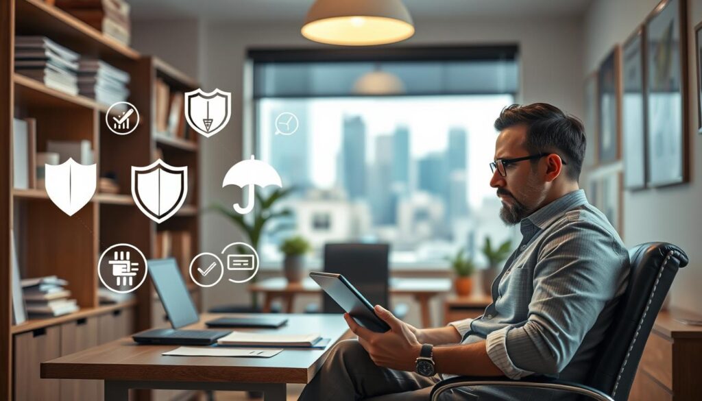 A cozy, well-lit small business office, with a desk, chair, and shelves filled with documents and insurance policies. In the foreground, a business owner sits, deep in thought, reviewing a tablet displaying insurance coverage details. The middle ground showcases various protective icons, such as a shield, umbrella, and magnifying glass, alluding to the comprehensive nature of small business insurance. The background features a blurred cityscape, emphasizing the importance of tailored protection for enterprises navigating the complexities of the modern business landscape. The overall mood is one of security, diligence, and the peace of mind that comes from having the right insurance coverage in place. A cozy, well-lit small business office, with a desk, chair, and shelves filled with documents and insurance policies. In the foreground, a business owner sits, deep in thought, reviewing a tablet displaying insurance coverage details. The middle ground showcases various protective icons, such as a shield, umbrella, and magnifying glass, alluding to the comprehensive nature of small business insurance. The background features a blurred cityscape, emphasizing the importance of tailored protection for enterprises navigating the complexities of the modern business landscape. The overall mood is one of security, diligence, and the peace of mind that comes from having the right insurance coverage in place.