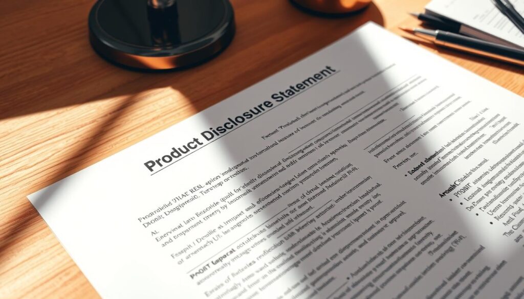 A crisp, well-lit close-up of a product disclosure statement document, its pages neatly arranged on a minimalist wooden desk. The text is legible, with a clean, professional layout. The document is the focal point, surrounded by a warm, neutral color palette that conveys a sense of trust and reliability. The lighting is soft and diffused, creating subtle shadows that add depth and dimensionality to the scene. The camera angle is slightly elevated, giving the viewer a sense of authority and attention to detail. The overall mood is one of careful consideration and attention to important legal and financial information. A crisp, well-lit close-up of a product disclosure statement document, its pages neatly arranged on a minimalist wooden desk. The text is legible, with a clean, professional layout. The document is the focal point, surrounded by a warm, neutral color palette that conveys a sense of trust and reliability. The lighting is soft and diffused, creating subtle shadows that add depth and dimensionality to the scene. The camera angle is slightly elevated, giving the viewer a sense of authority and attention to detail. The overall mood is one of careful consideration and attention to important legal and financial information.