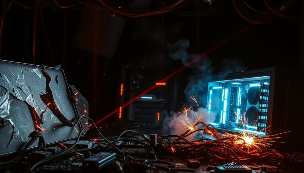 A damaged computer system with exposed wires, circuit boards, and glowing lights. The foreground depicts a shattered screen, cracked casing, and scattered hardware components. The middle ground shows the inner workings of the system, with sparks and smoke billowing from various points. In the background, a dark, ominous atmosphere with streaks of red and orange hues, conveying a sense of crisis and urgency. Dramatic high-contrast lighting casts deep shadows, emphasizing the severity of the damage. The overall scene suggests a system in complete disarray, reflecting the need for robust cyber insurance coverage to protect against such catastrophic events. A damaged computer system with exposed wires, circuit boards, and glowing lights. The foreground depicts a shattered screen, cracked casing, and scattered hardware components. The middle ground shows the inner workings of the system, with sparks and smoke billowing from various points. In the background, a dark, ominous atmosphere with streaks of red and orange hues, conveying a sense of crisis and urgency. Dramatic high-contrast lighting casts deep shadows, emphasizing the severity of the damage. The overall scene suggests a system in complete disarray, reflecting the need for robust cyber insurance coverage to protect against such catastrophic events.