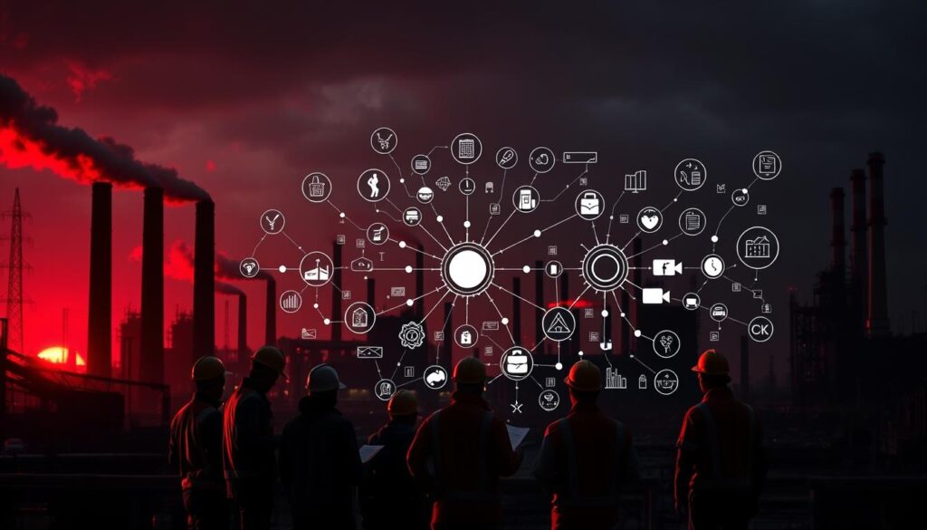 A dark, ominous industrial landscape with towering smokestacks and machinery casting long shadows. In the foreground, a group of diverse workers in hard hats and safety gear, each representing a different industry - manufacturing, energy, technology, logistics. They appear concerned, analyzing risk assessment documents and discussing risk mitigation strategies. The middle ground features a complex web of interconnected icons and diagrams, visualizing the intricate web of industry-specific threats - cyber attacks, supply chain disruptions, regulatory compliance, workplace accidents. The background is shrouded in an ominous crimson glow, hinting at the high-stakes consequences of unmanaged risks. The lighting is dramatic, with strong contrasts and an atmosphere of apprehension and uncertainty. A dark, ominous industrial landscape with towering smokestacks and machinery casting long shadows. In the foreground, a group of diverse workers in hard hats and safety gear, each representing a different industry - manufacturing, energy, technology, logistics. They appear concerned, analyzing risk assessment documents and discussing risk mitigation strategies. The middle ground features a complex web of interconnected icons and diagrams, visualizing the intricate web of industry-specific threats - cyber attacks, supply chain disruptions, regulatory compliance, workplace accidents. The background is shrouded in an ominous crimson glow, hinting at the high-stakes consequences of unmanaged risks. The lighting is dramatic, with strong contrasts and an atmosphere of apprehension and uncertainty.