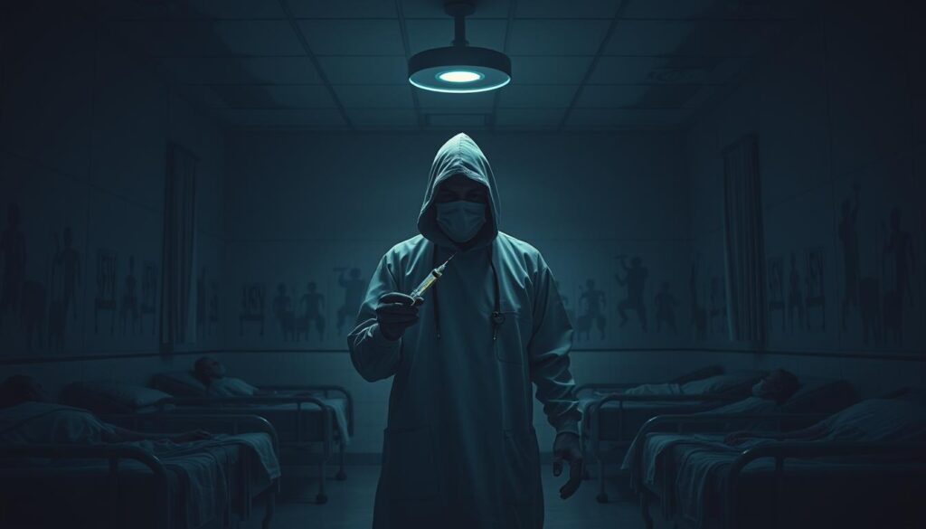 A darkened hospital ward, the walls stained with the shadows of wrongdoing. In the center, a figure shrouded in medical garb, their face obscured, holding a syringe filled with a sinister liquid. Surrounding them, faint outlines of concerned patients, their trust betrayed. Overhead, a single, flickering light casts an ominous glow, highlighting the tension and unease that permeates the scene. The atmosphere is one of unease and disquiet, a stark contrast to the healing that should take place within these walls. This is the embodiment of medical malpractice, a cautionary tale of the consequences of negligence and the importance of professional liability coverage. A darkened hospital ward, the walls stained with the shadows of wrongdoing. In the center, a figure shrouded in medical garb, their face obscured, holding a syringe filled with a sinister liquid. Surrounding them, faint outlines of concerned patients, their trust betrayed. Overhead, a single, flickering light casts an ominous glow, highlighting the tension and unease that permeates the scene. The atmosphere is one of unease and disquiet, a stark contrast to the healing that should take place within these walls. This is the embodiment of medical malpractice, a cautionary tale of the consequences of negligence and the importance of professional liability coverage.