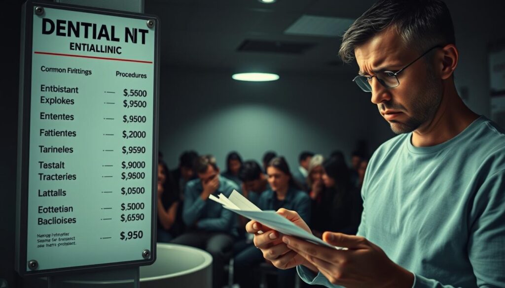 A dental clinic with a prominent sign displaying exorbitant prices for common procedures. In the foreground, a worried-looking patient examining a bill with a shocked expression. The middle ground features a crowded waiting room with people shaking their heads and whispering anxiously. The background is dimly lit, casting an atmosphere of financial stress and unease. Dramatic lighting emphasizes the starkness of the situation, creating a sense of the financial burden that can come with seeking dental care without proper coverage. A dental clinic with a prominent sign displaying exorbitant prices for common procedures. In the foreground, a worried-looking patient examining a bill with a shocked expression. The middle ground features a crowded waiting room with people shaking their heads and whispering anxiously. The background is dimly lit, casting an atmosphere of financial stress and unease. Dramatic lighting emphasizes the starkness of the situation, creating a sense of the financial burden that can come with seeking dental care without proper coverage.