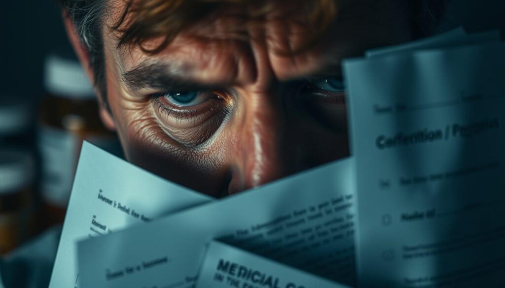 A detailed close-up of a person's face, partially obscured by medical documents and forms, with blurred prescription bottles and pill containers in the background. The face is lined with worry, the eyes weary, conveying a sense of concern and uncertainty. Lighting is soft and moody, creating a pensive, introspective atmosphere. The composition emphasizes the idea of navigating the complexities of pre-existing medical conditions, with the documents and medications hinting at the challenges and uncertainties involved. A detailed close-up of a person's face, partially obscured by medical documents and forms, with blurred prescription bottles and pill containers in the background. The face is lined with worry, the eyes weary, conveying a sense of concern and uncertainty. Lighting is soft and moody, creating a pensive, introspective atmosphere. The composition emphasizes the idea of navigating the complexities of pre-existing medical conditions, with the documents and medications hinting at the challenges and uncertainties involved.