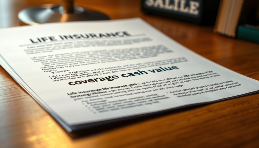 A detailed closeup of a life insurance policy document displaying the "coverage cash value" section. The document is resting on a wooden desk, with a warm desk lamp illuminating the page. The lighting casts soft shadows, creating a sense of depth and dimension. The policy text is legible and the "coverage cash value" section is highlighted, drawing the viewer's attention. The overall scene conveys a sense of professionalism, financial security, and the importance of carefully considering one's life insurance coverage. A detailed closeup of a life insurance policy document displaying the "coverage cash value" section. The document is resting on a wooden desk, with a warm desk lamp illuminating the page. The lighting casts soft shadows, creating a sense of depth and dimension. The policy text is legible and the "coverage cash value" section is highlighted, drawing the viewer's attention. The overall scene conveys a sense of professionalism, financial security, and the importance of carefully considering one's life insurance coverage.