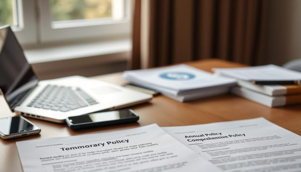 A detailed comparison of a temporary student car insurance policy and an annual comprehensive policy, captured in a crisp, professional-looking stock image. The scene features a desk with a laptop, papers, and a smartphone, representing the research and decision-making process. In the foreground, a temporary policy document and an annual policy document are placed side by side, highlighting the key differences. The background is blurred, creating a focus on the insurance policies. Soft, natural lighting from a window casts a warm, authoritative tone, reflecting the importance of the topic. The overall composition conveys a sense of thoughtfulness and informed decision-making. A detailed comparison of a temporary student car insurance policy and an annual comprehensive policy, captured in a crisp, professional-looking stock image. The scene features a desk with a laptop, papers, and a smartphone, representing the research and decision-making process. In the foreground, a temporary policy document and an annual policy document are placed side by side, highlighting the key differences. The background is blurred, creating a focus on the insurance policies. Soft, natural lighting from a window casts a warm, authoritative tone, reflecting the importance of the topic. The overall composition conveys a sense of thoughtfulness and informed decision-making.